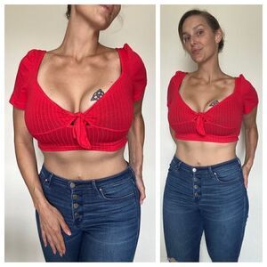 SHEIN Crop Top Red Ribbed Stretch Front Tie Festival Party